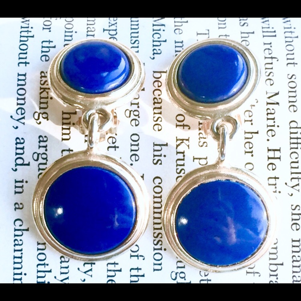 Vintage navy blue gold dangle earrings clip on